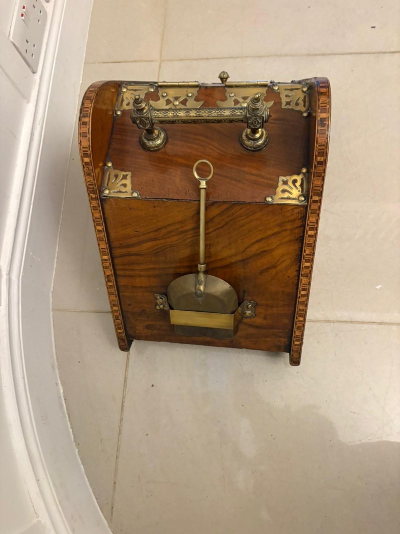 Antique Victorian Quality Brass-Mounted Walnut Coal / Log Scuttle